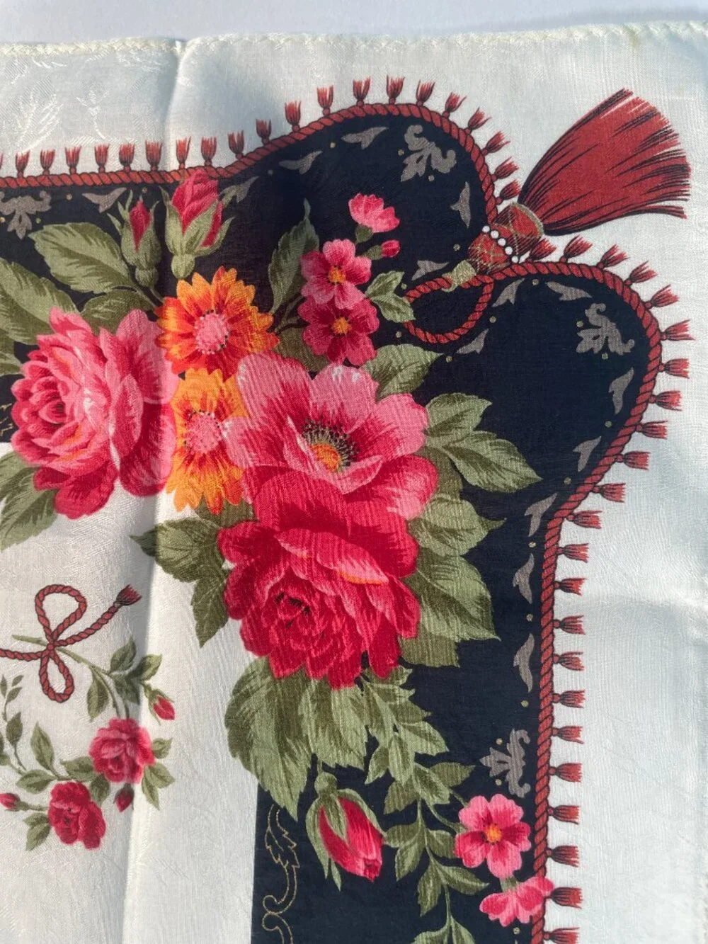 NWT Hardy Amies Vintage Floral Cotton Scarf Roses Tassel Border